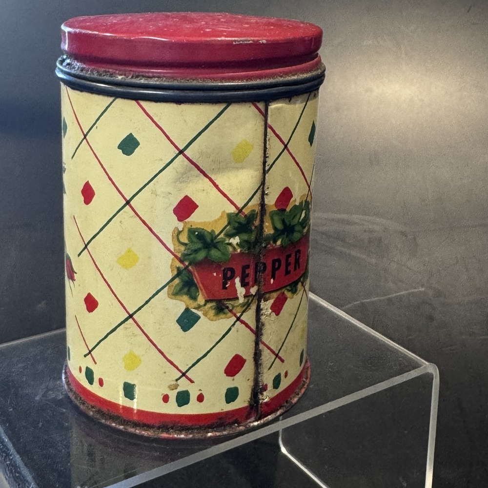 Vintage 40s Tin Pepper Shaker Single Red Rose Lithograph Red Lid Slight Rust - Picture 7 of 9